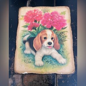 Vintage Amish Art - Beagle Puppy Wood Art Print- circa 1970s